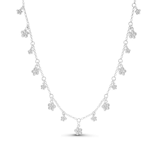 A delicate silver Blossom necklace by Elin Mair featuring multiple small flower charms hanging from a fine chain, displayed against a clean white background.