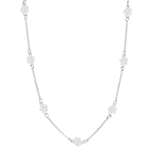 A delicate silver Blossom chain necklace by Elin Mair featuring small, repeating flower-shaped charms, displayed against a solid white background.