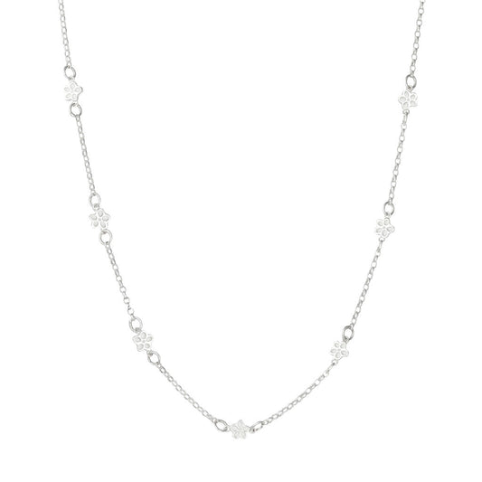 A delicate silver chain necklace featuring small, repeating silver flower charms and oval links, displayed on a clean white background.